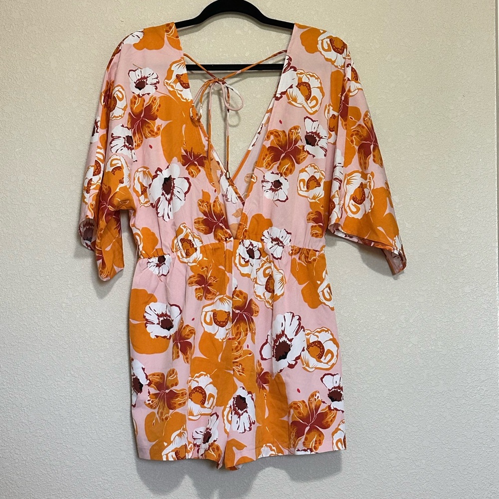 Hello Molly Pink and Orange Floral Romper Wrap Dress - Picture 4 of 11